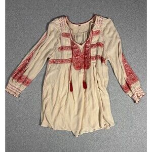 Free People Wind Willow Dress Long Sleeve Embroidery Cream Red Oversized Medium